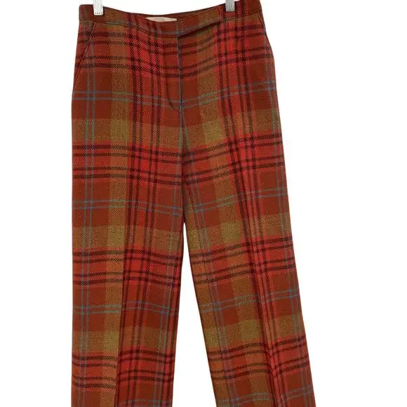 Valentino Plaid Wool Pants Red Brown Straight Leg Cuffed Trouser Womens 4 - Picture 3 of 15